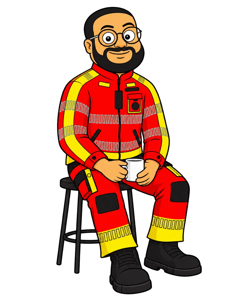 Ebrantil sitzt auf einem Hocker und hält seine Kaffeetasse mit beiden Händen.